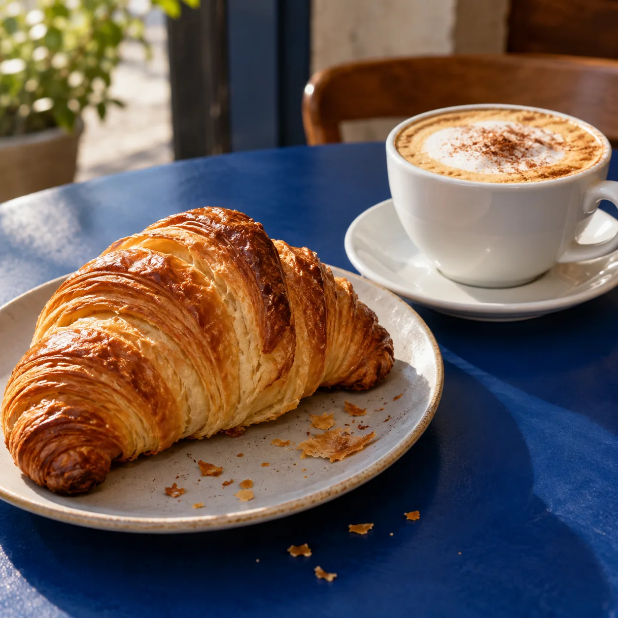 Croissant dourado e xícara de café
