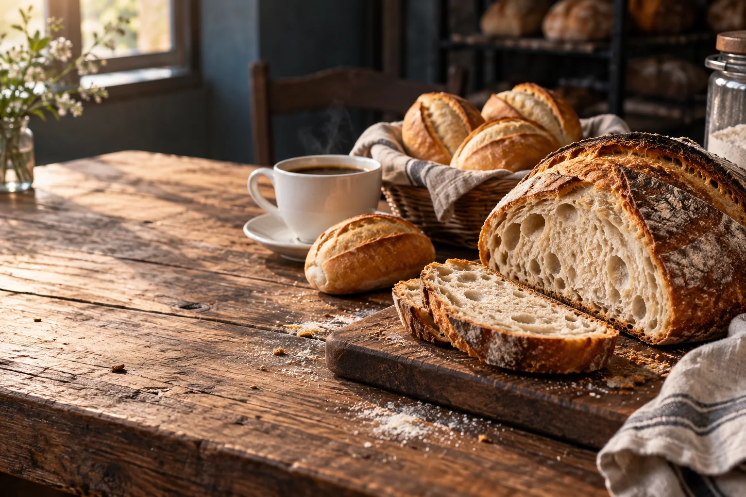 Pães artesanais e café sobre mesa de madeira